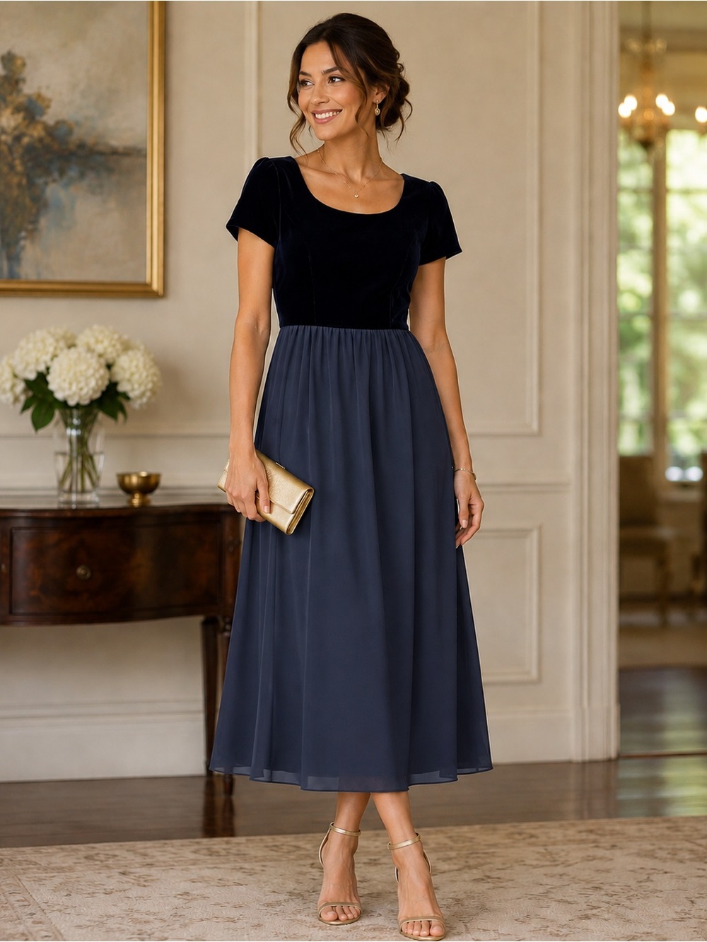 Vintage Maggy London Navy Velvet and Chiffon Dress size 8